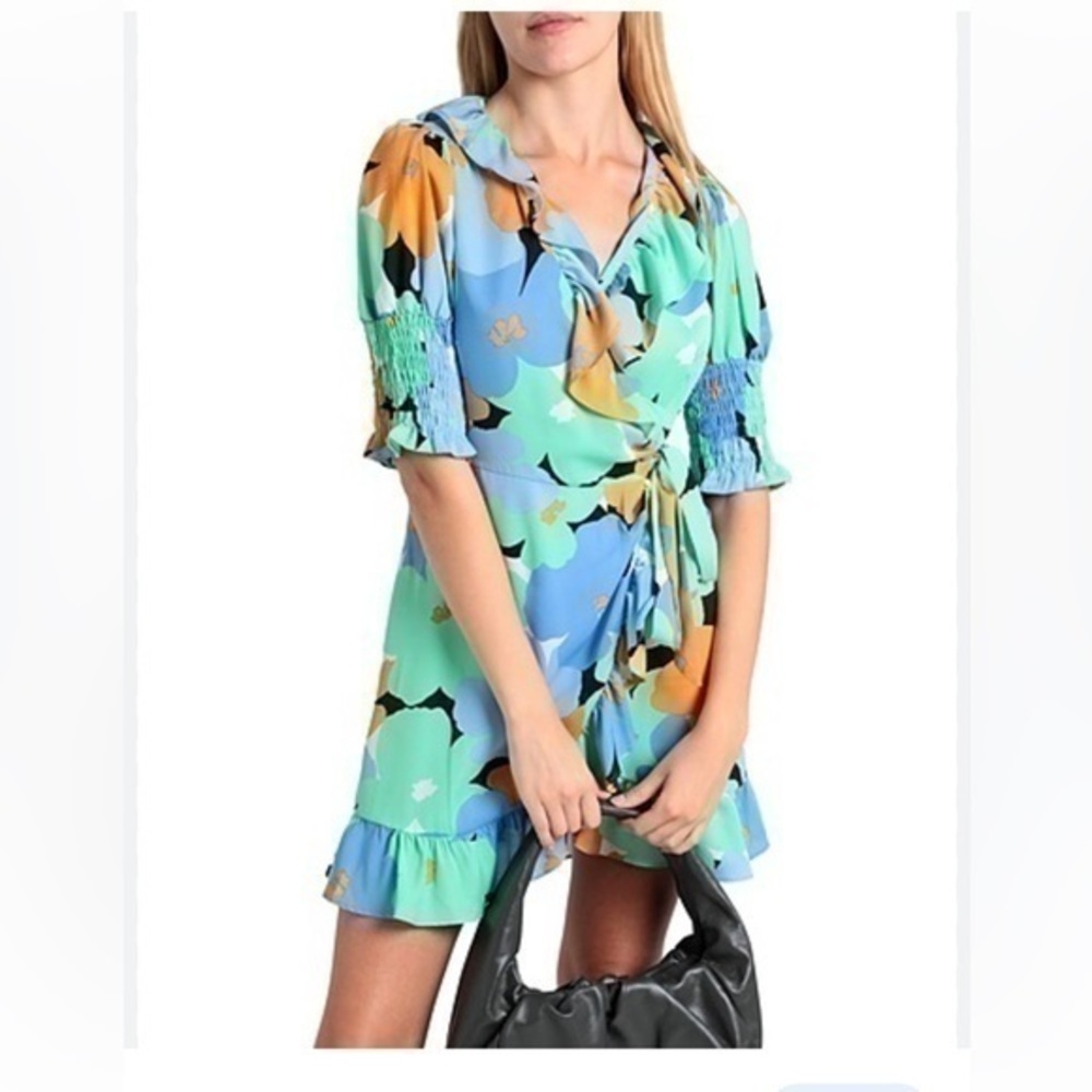 Topshop Womens Floral Print V-Neck Tie Waist Wrap Mini Dress Blue Size US 14